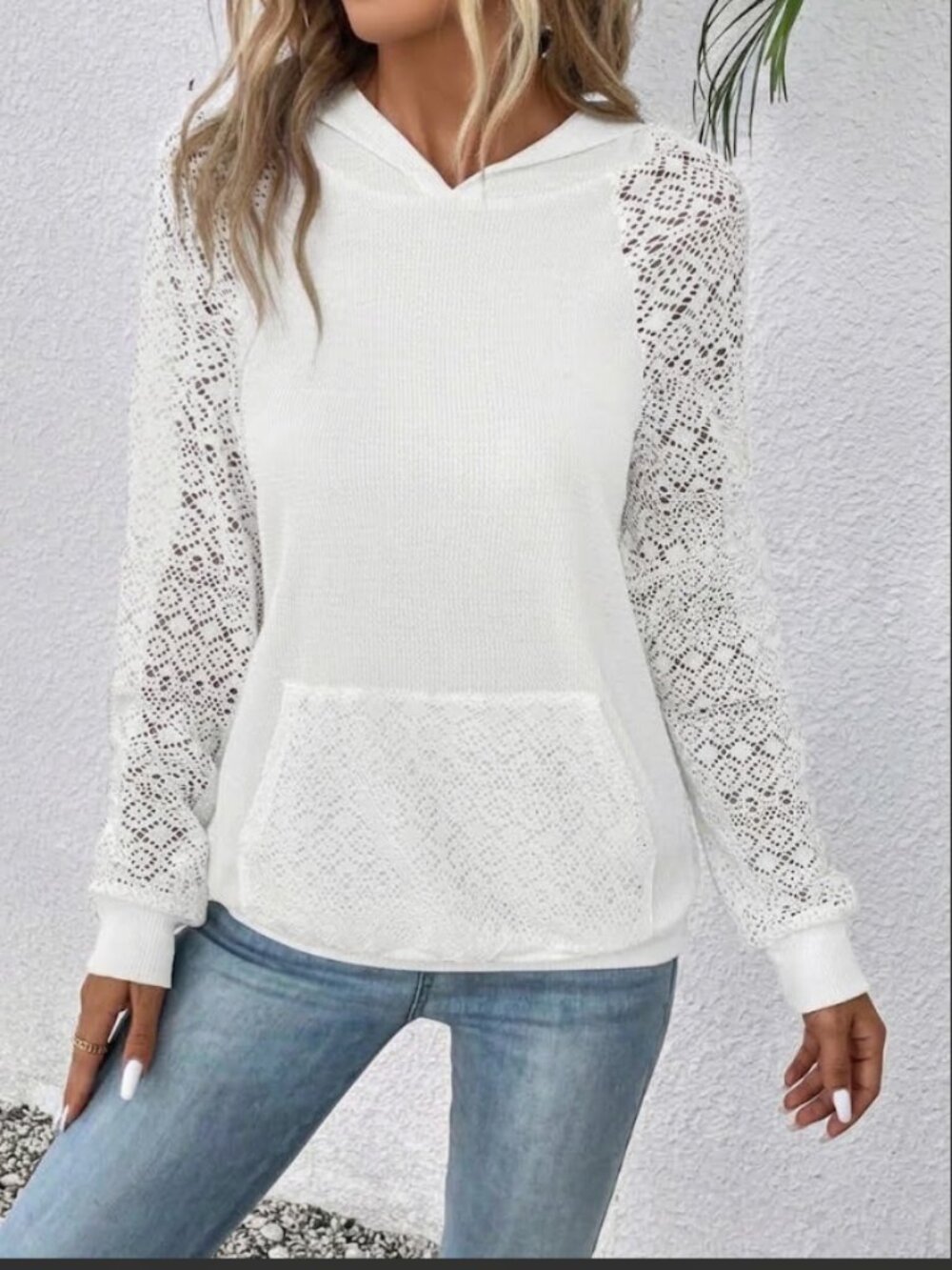 White Lace Raglan Sleeve Kangaroo Pocket Hoodie